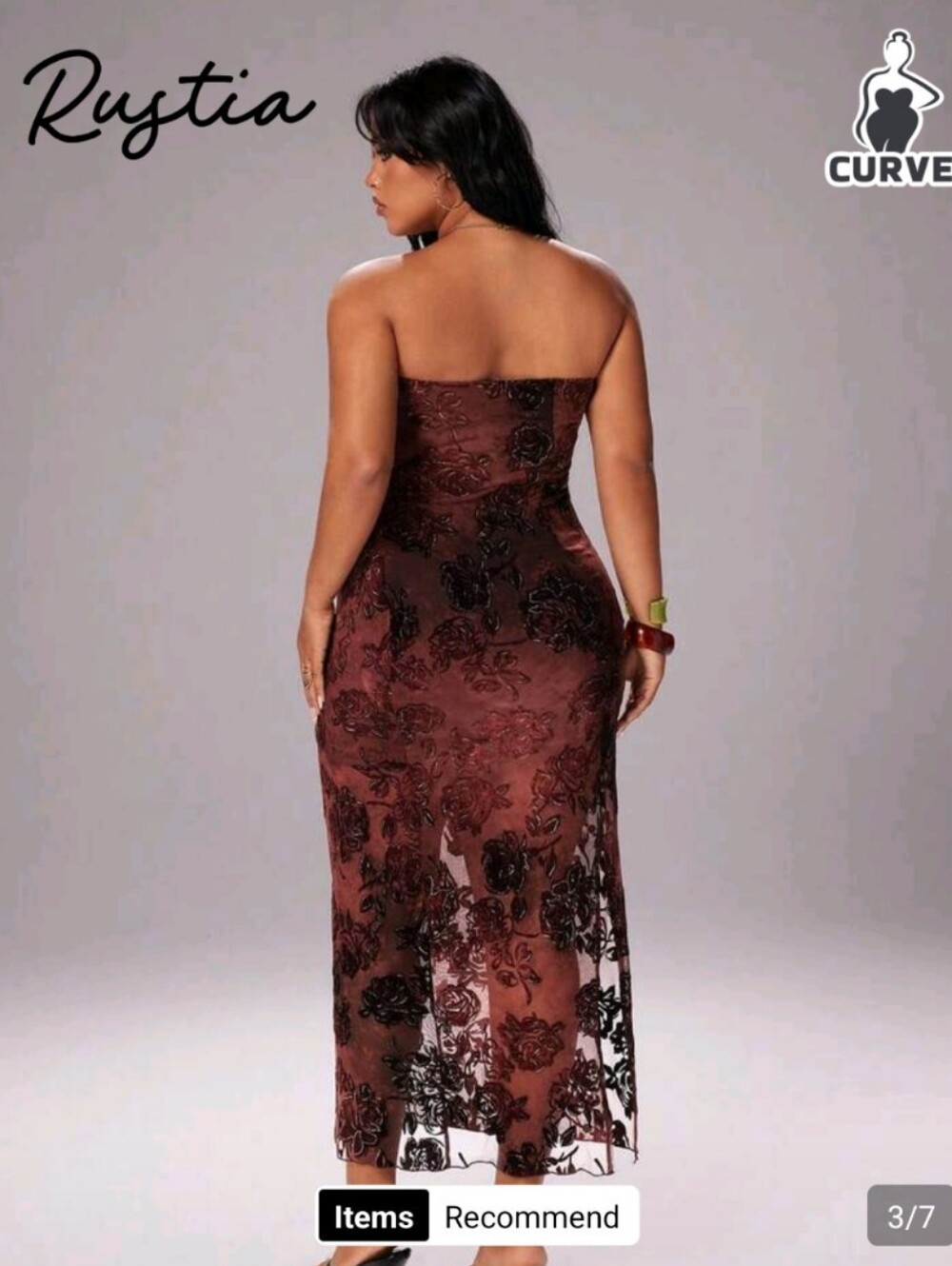 Curve Strapless Brown Floral Lace Dress